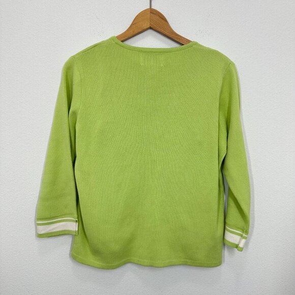 Vintage 90s Papillon Pastel Lime Green Sweater Set, Size M - Unique Striped Trim - Picture 6 of 9